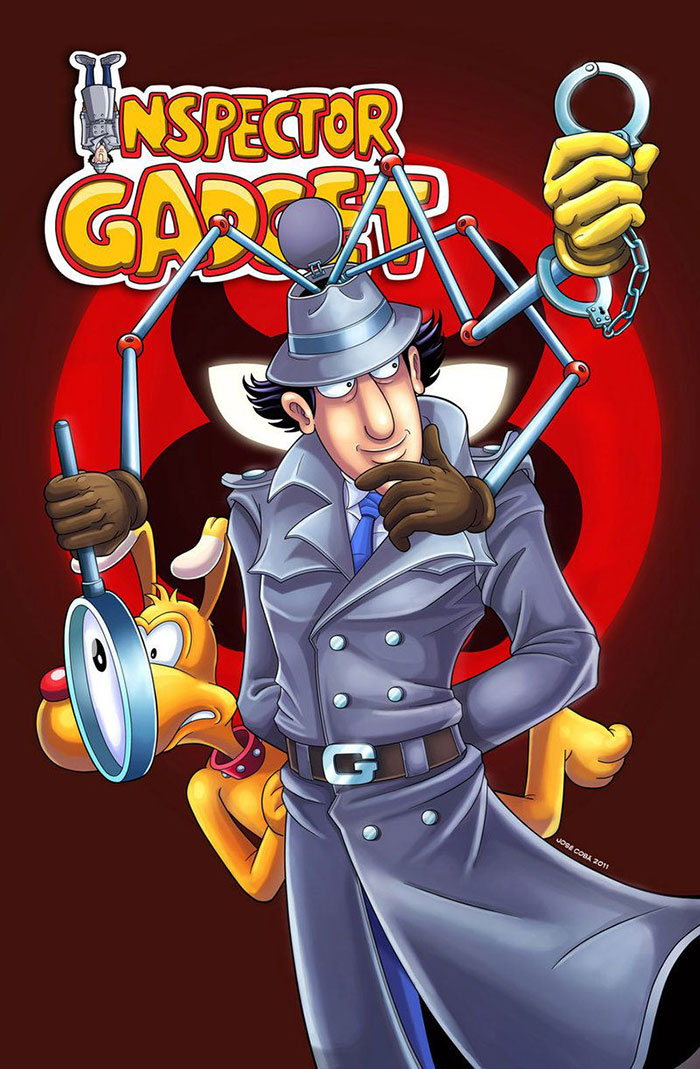 Inspector Gadget, an iconic character from '80s cartoons, in a dynamic pose with his dog.