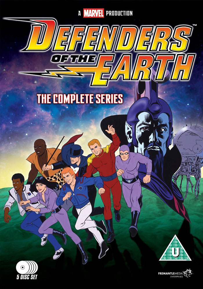 Defenders of the Earth animated characters in action pose against space background from 80s cartoons collection cover.