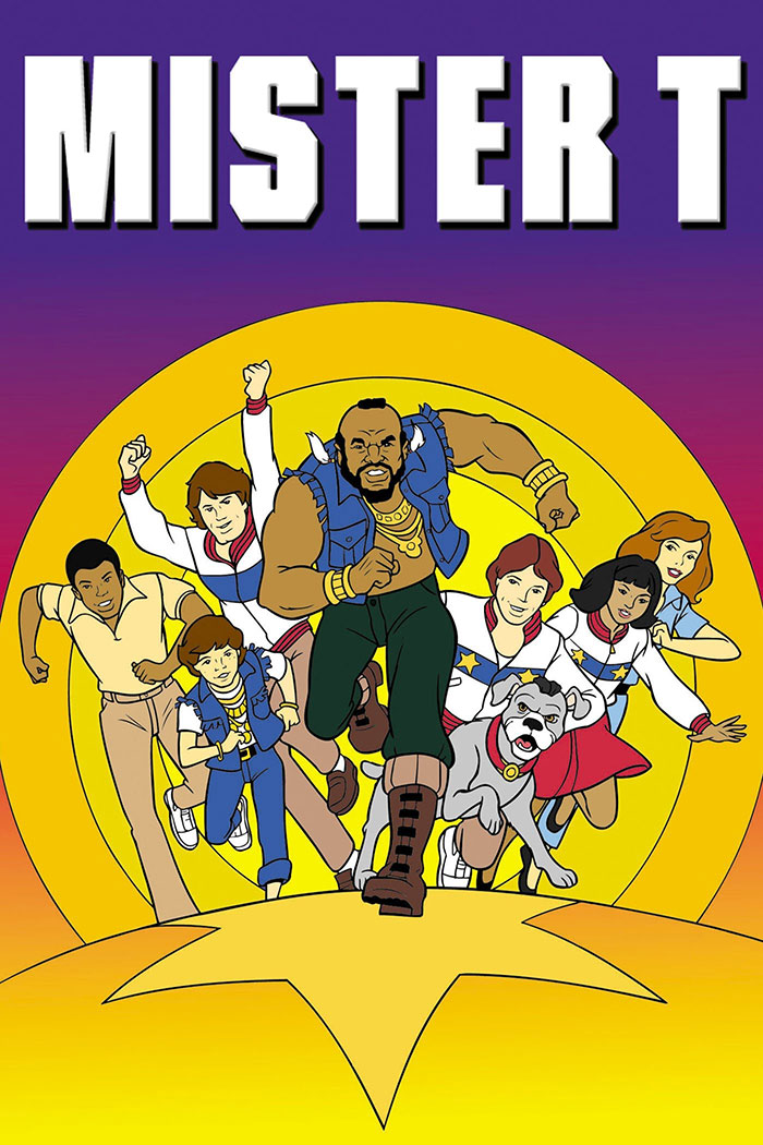 Mister T and his team running forward with bold yellow target background in classic 80s cartoons style artwork
