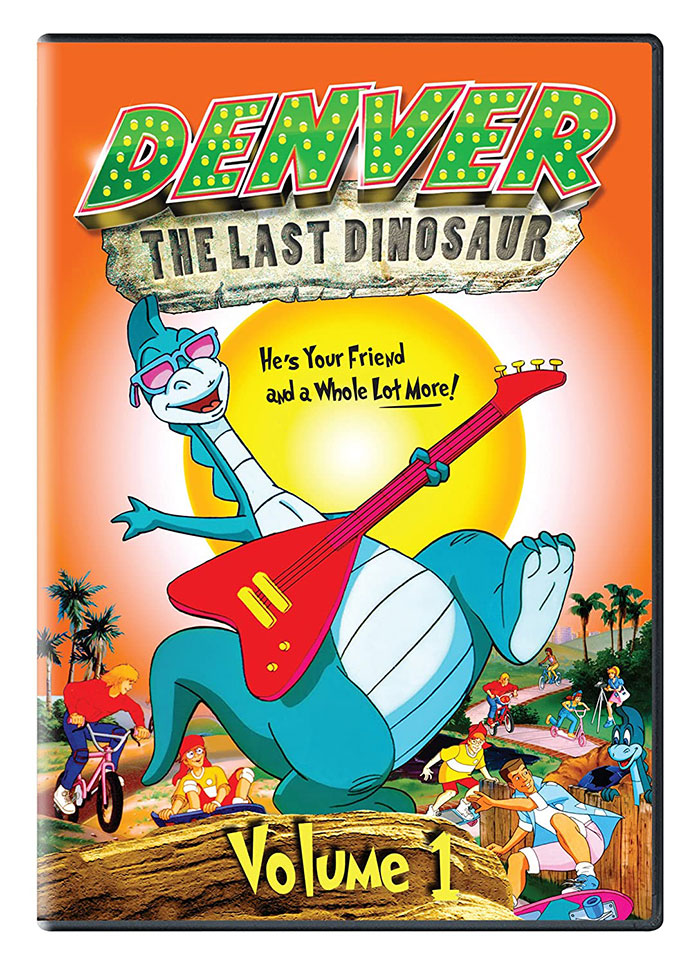 DVD cover of "Denver, the Last Dinosaur" featuring an '80s cartoon dinosaur playing a guitar.