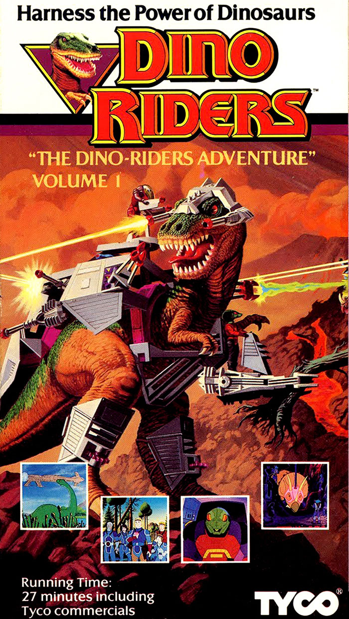 Dino Riders poster featuring armed dinosaur and characters from classic 80s cartoons with action-packed adventure scenes.