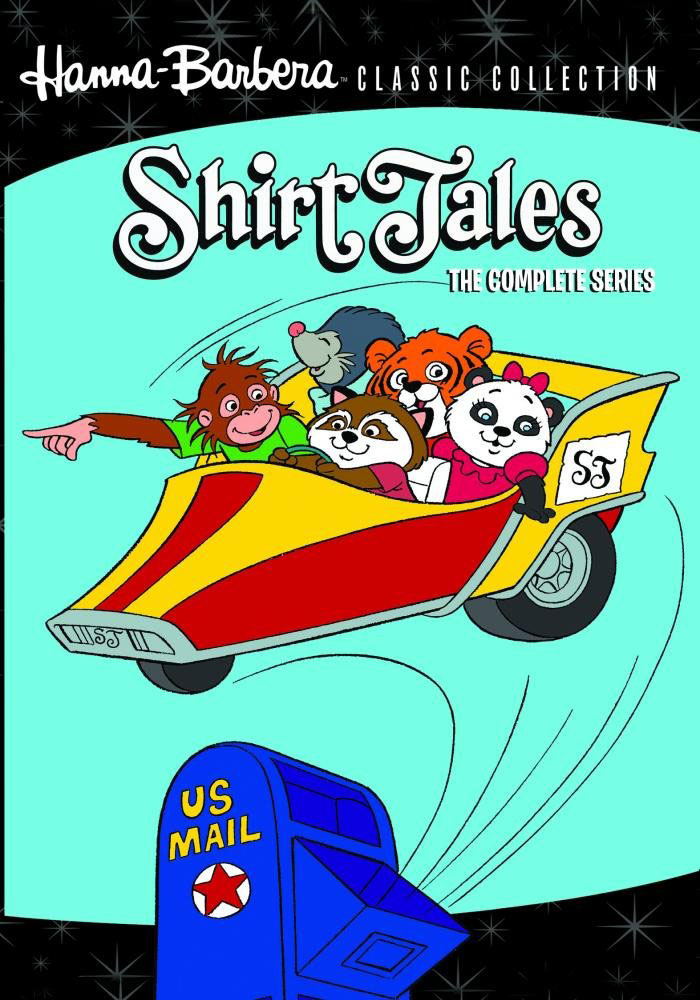 Colorful cartoon animals riding a flying car, representing classic 80s cartoons from the unforgettable animated series Shirt Tales.