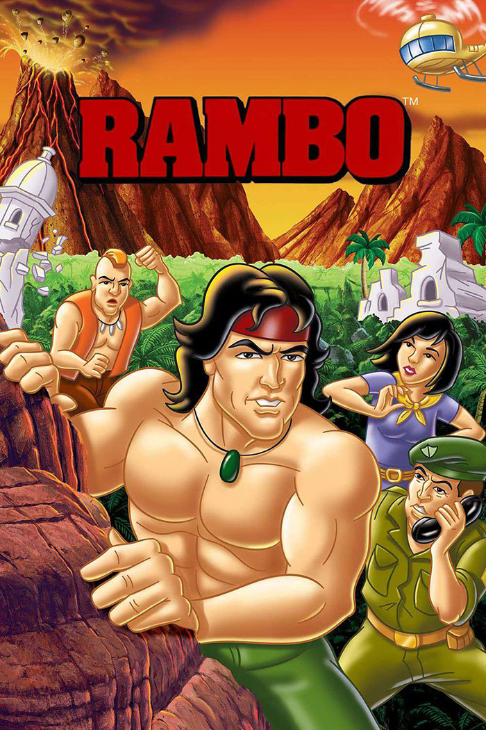 Rambo cartoon characters in action scene with jungle and volcanic mountain background from 80s cartoons collection
