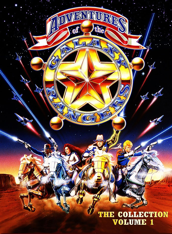 Adventures of the Galaxy Rangers animated characters riding robotic horses in a classic 80s cartoon space adventure scene