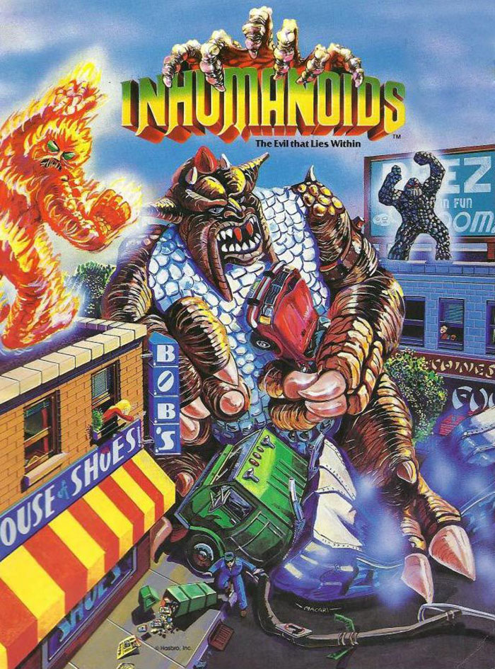 Inhumanoids characters battling in a city scene, featuring monsters and action from 80s cartoons and animated shows.