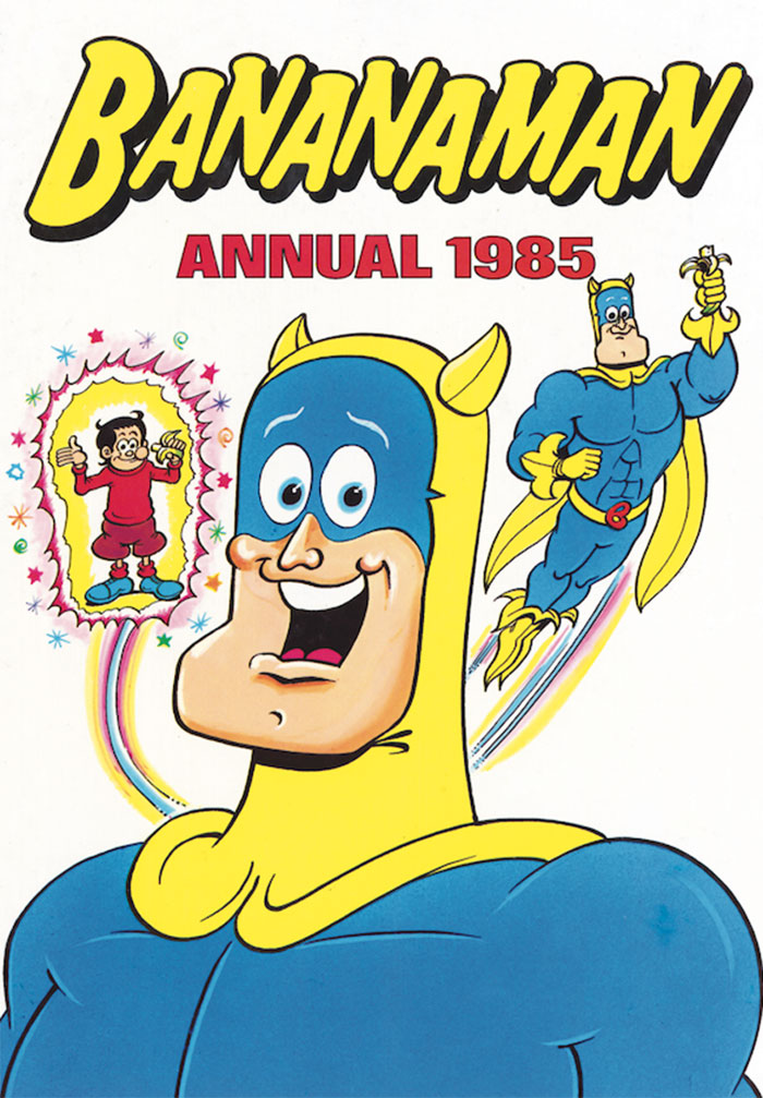 Bananaman cartoon character from the best 80s cartoons featuring colorful superhero and monkey sidekick on white background.