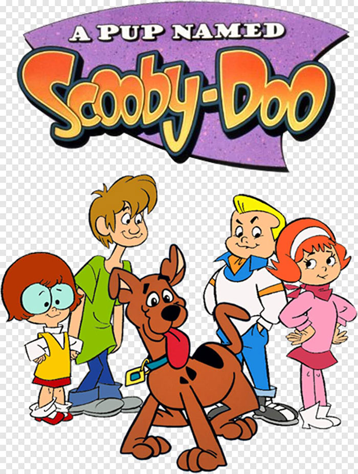 Scooby-Doo and friends from a popular 80s cartoon series featuring mystery-solving characters.