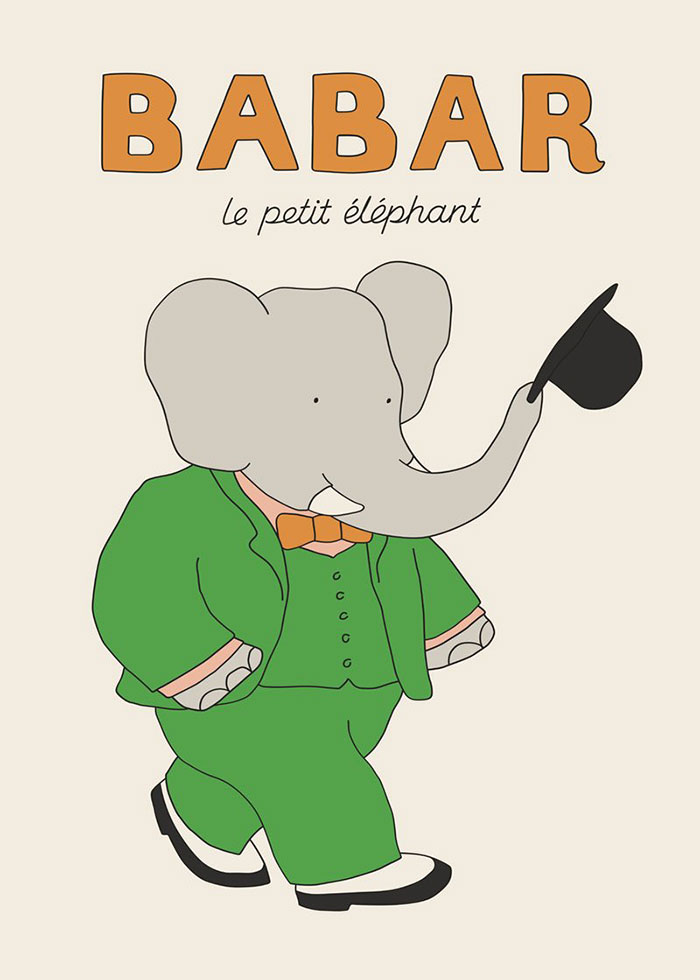 Cartoon elephant Babar in a green suit and top hat, representing beloved '80s cartoon characters.