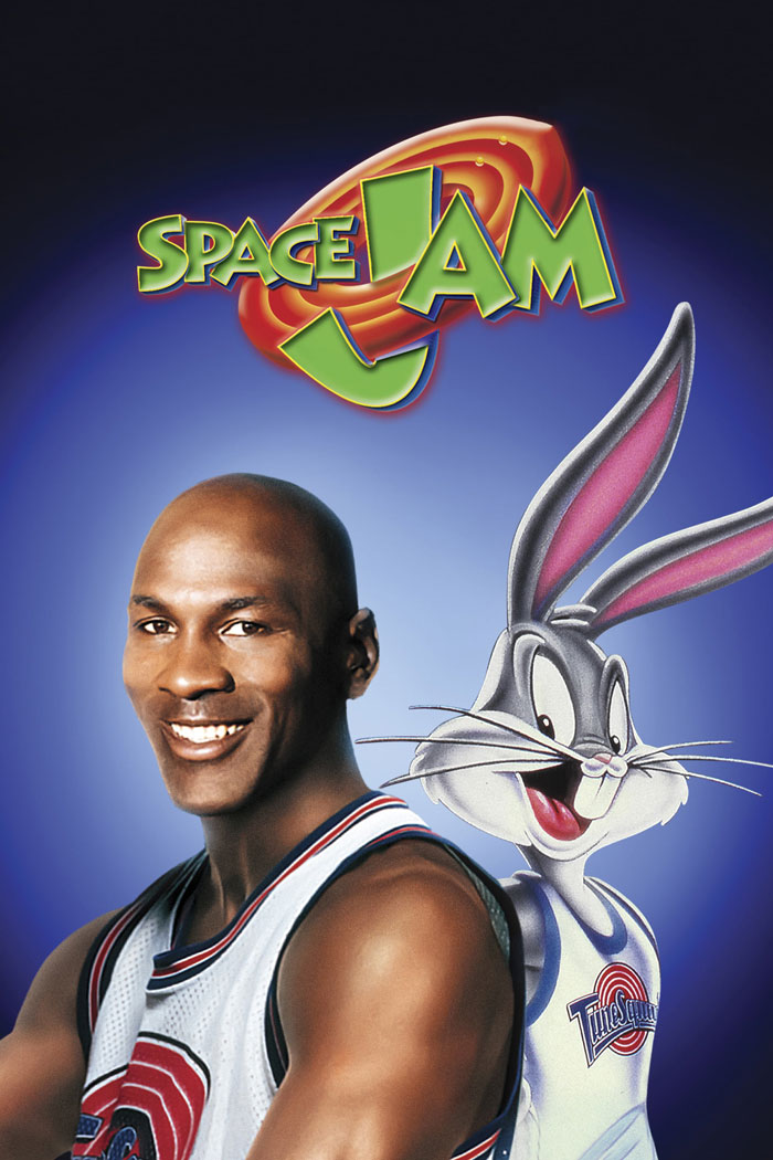 "Space Jam poster featuring a basketball player and cartoon rabbit, iconic '90s kids movie."