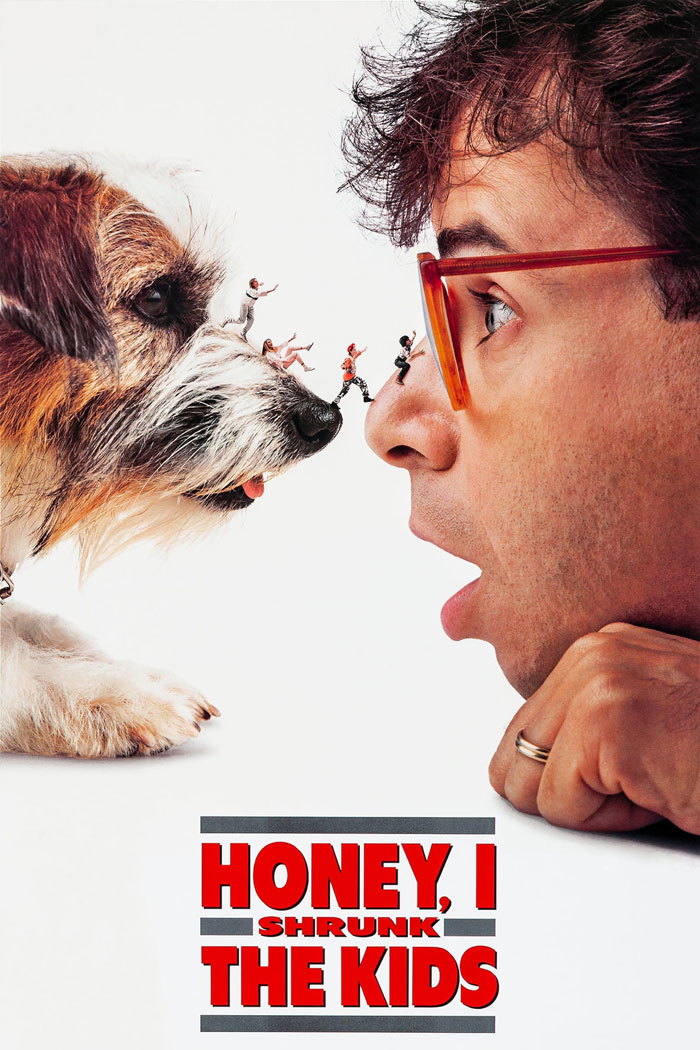 90s kids movie poster featuring a man and a dog with tiny people on their noses.