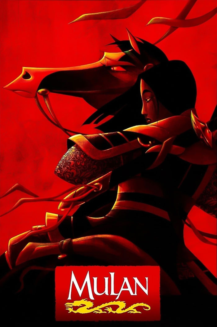 Mulan movie poster showing a warrior with a red background, representing '90s kids films.