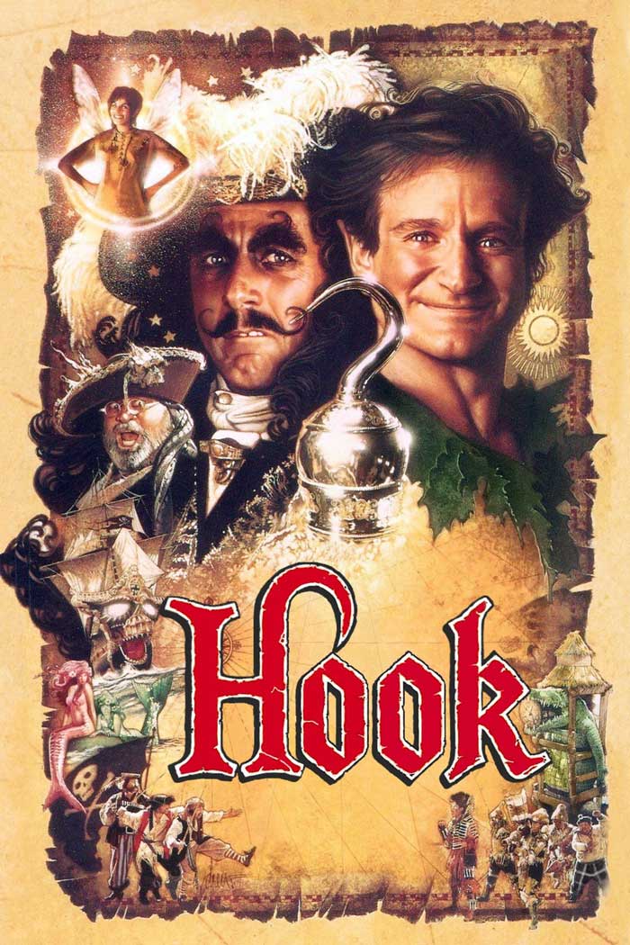 '90s kids movie poster with characters from "Hook," featuring a pirate theme and Peter Pan elements.
