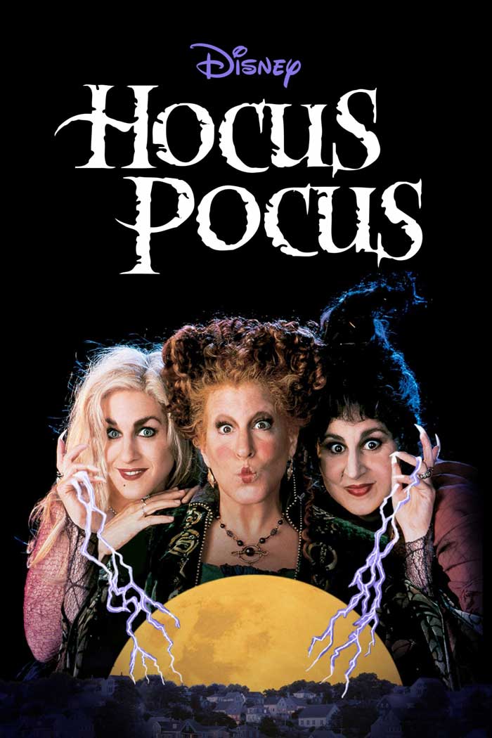 Poster for 'Hocus Pocus,' featuring three witches, from a classic '90s kids movie.