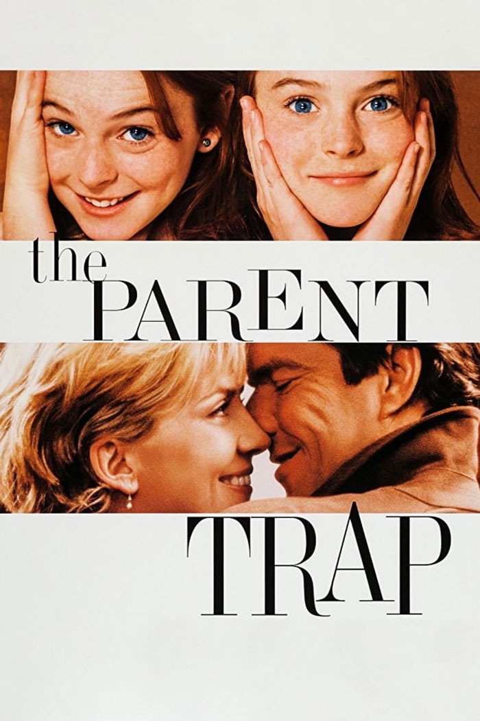 '90s kids movie "The Parent Trap" poster featuring twin girls and a couple smiling closely.
