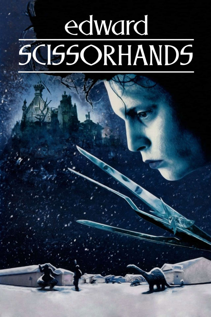 Edward Scissorhands poster depicting the iconic '90s kids movie character with scissor hands and a snowy background.