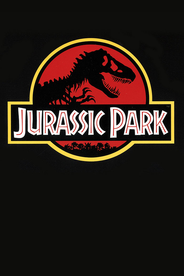 "Jurassic Park logo featuring a dinosaur silhouette, iconic '90s kids movie theme."