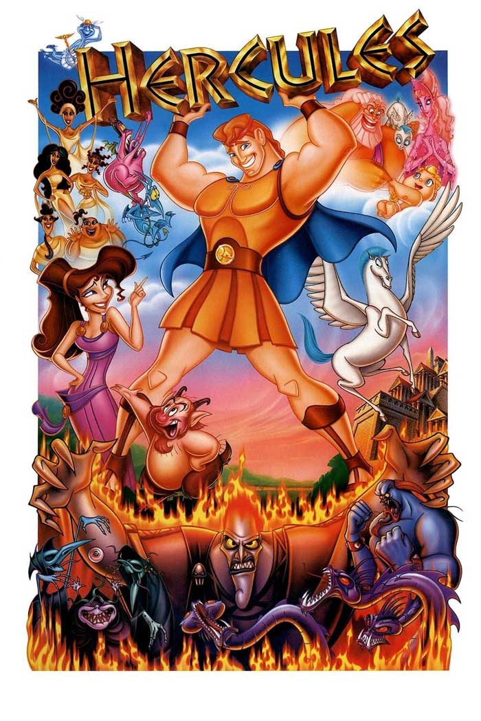 Poster of 1997's "Hercules," showcasing animated characters from the popular '90s kids movie.