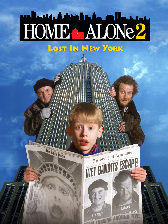 '90s kids movie "Home Alone 2" poster with a boy, skyscraper, and two men in background.