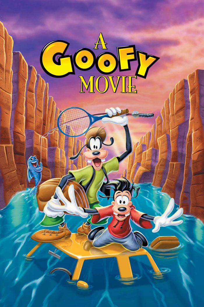 Goofy and Max on a makeshift raft in a canyon river, holding a fishing pole. Iconic '90s kids movie scene.