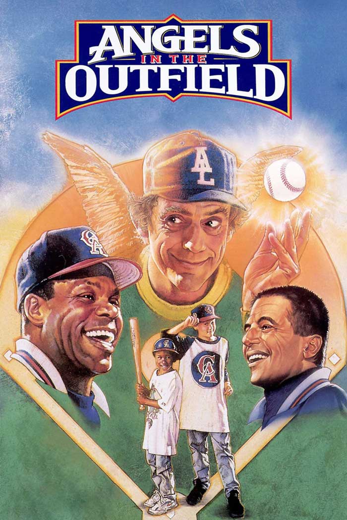 '90s kids movie "Angels in the Outfield" poster with smiling baseball players and a man with wings holding a baseball.