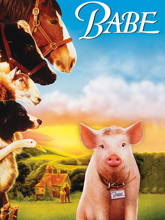 Young pig Babe with farm animals in a vibrant '90s kids movie setting.