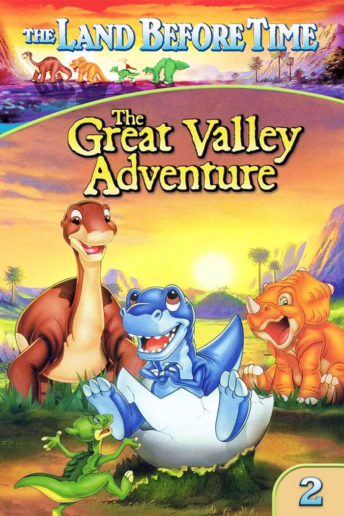 '90s kids movie poster of The Land Before Time: The Great Valley Adventure showing animated dinosaurs.