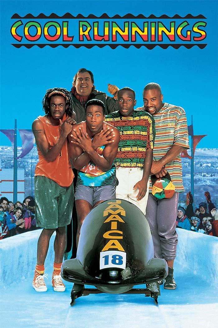 Four men pose by a bobsled, wearing vibrant '90s attire, under the title "Cool Runnings," a classic '90s kids movie.