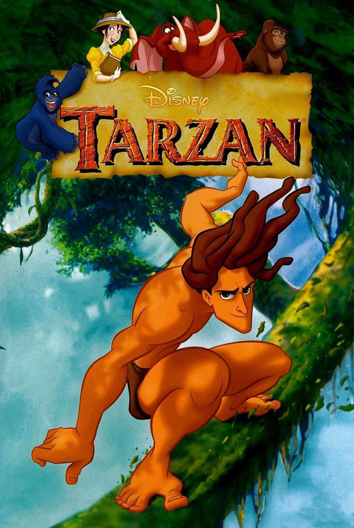 Tarzan animated movie cover with characters from '90s kids films.