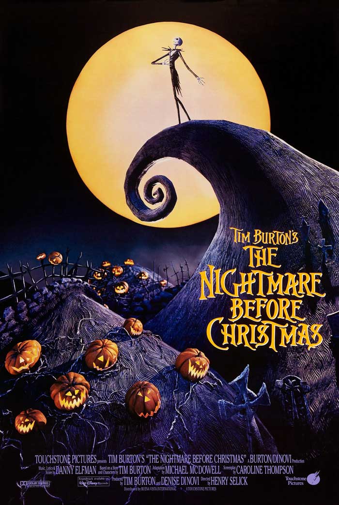 The Nightmare Before Christmas poster featuring Jack Skellington and a full moon, iconic '90s kids movie.