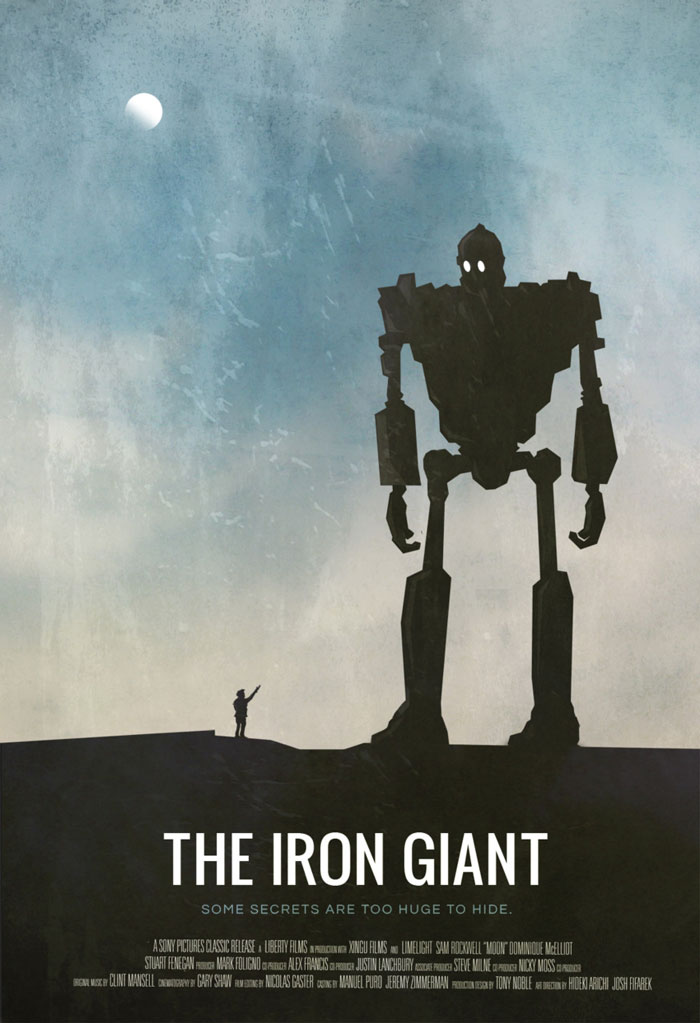 Poster of "The Iron Giant," featuring the giant robot silhouette against a cloudy sky, representing '90s kids movies.