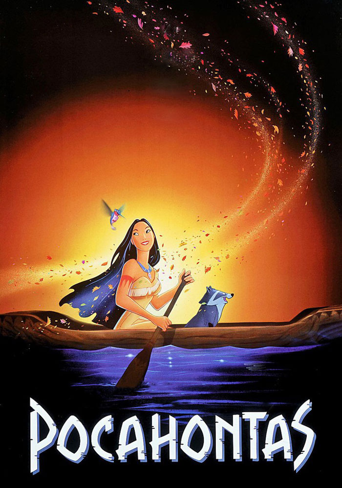 Pocahontas movie poster with main character paddling a canoe under a vibrant, swirling sky.