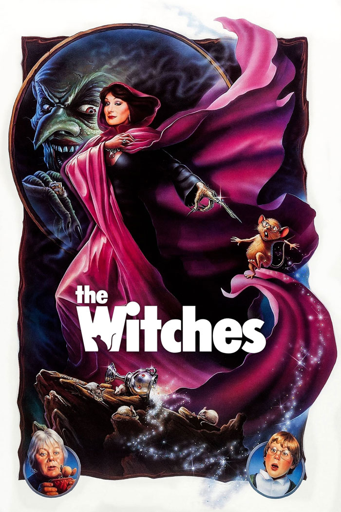Poster for "The Witches" featuring a witch with a pink cape and a mouse, from '90s kids movies.
