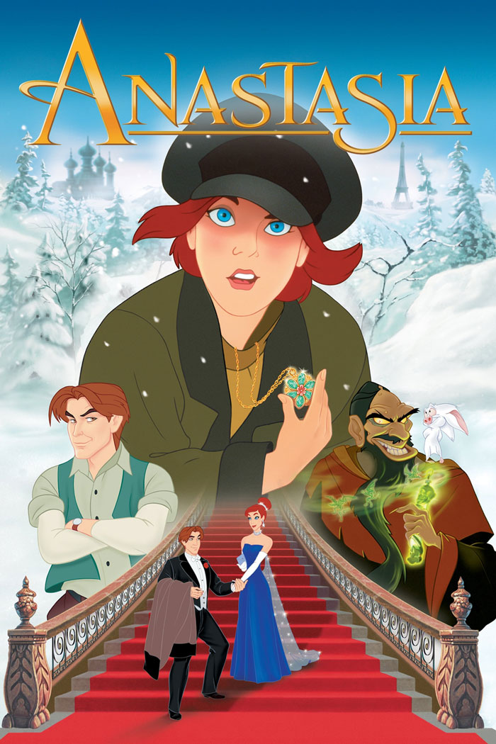 '90s kids movie "Anastasia" poster featuring main characters on a staircase with a snowy background.