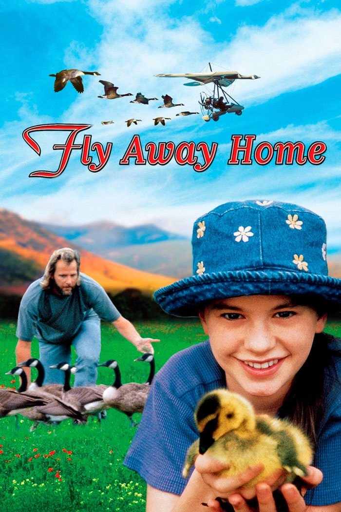 Young girl in a blue hat holding a duckling, with geese and a man nearby, capturing '90s kids movie essence.