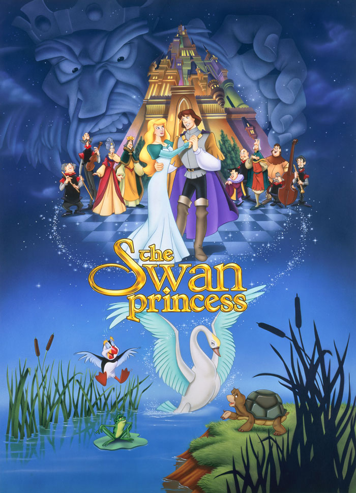"The Swan Princess poster featuring animated characters and castle, representing '90s kids movies nostalgia."