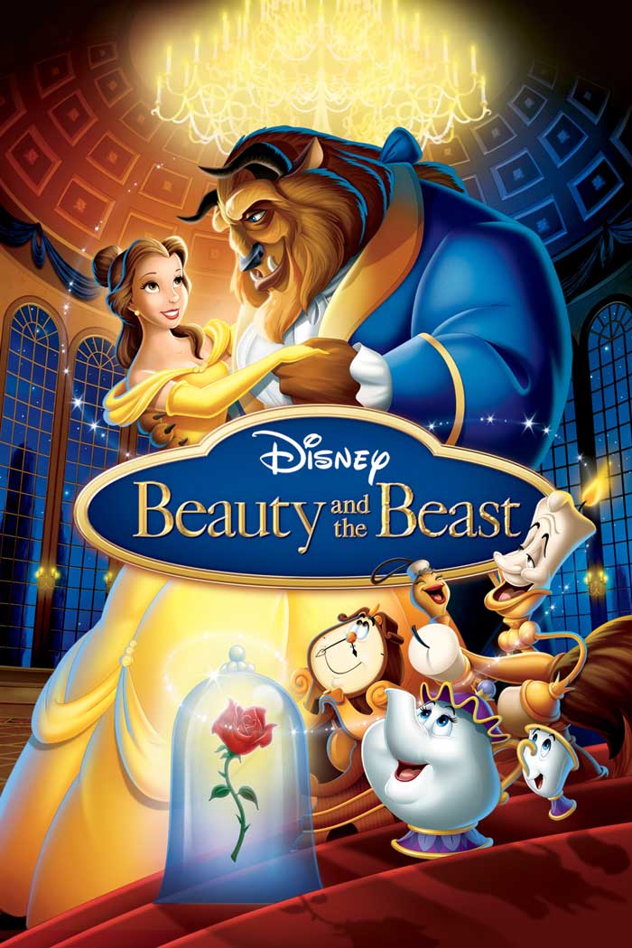 Beauty and the Beast movie poster featuring Belle and Beast in a ballroom scene with enchanted rose and characters.