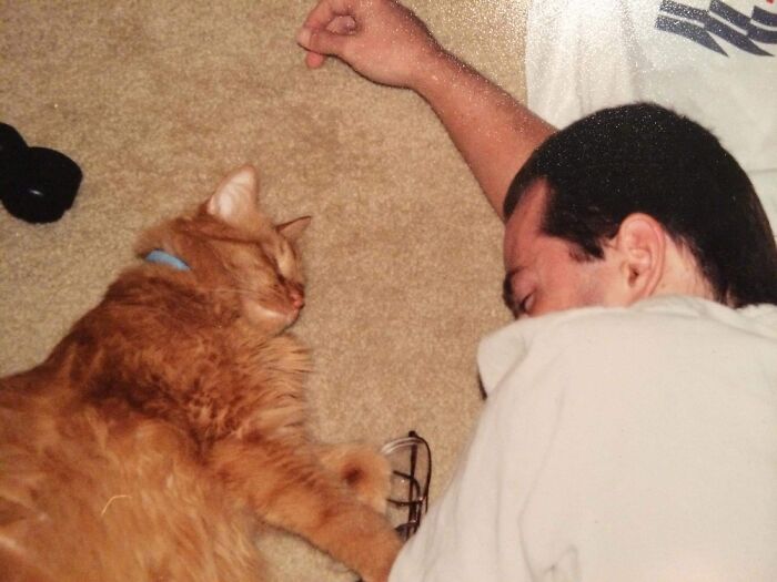 Taken Years Ago - My Late Husband And Our Cat Rusty Taking A Nap On The Living Room Floor.