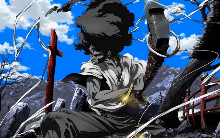 Afro Samurai wearing white shirt 