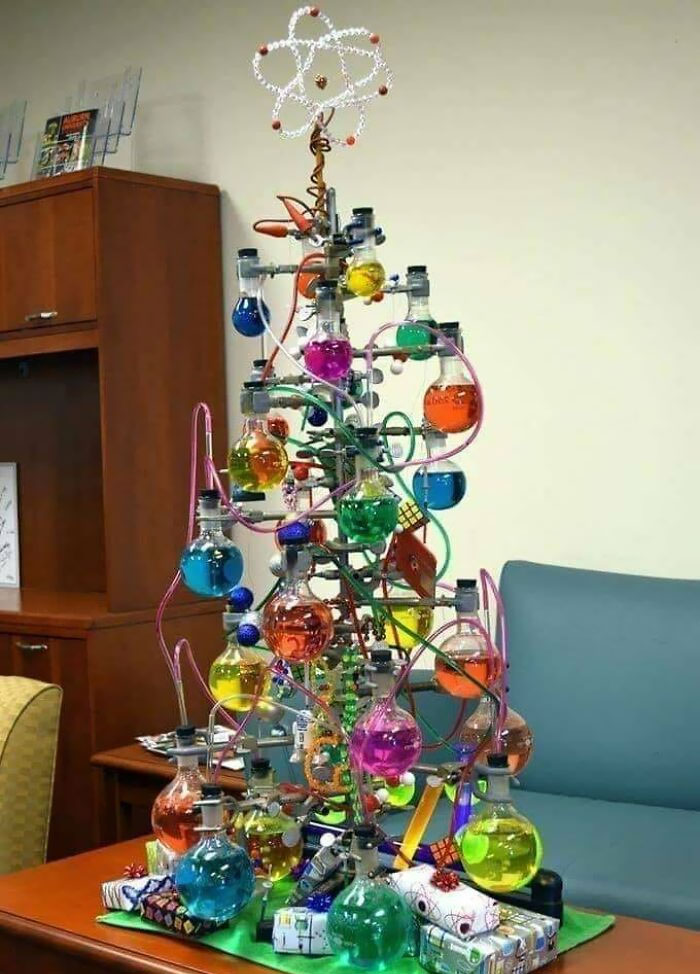 Experiments In Our Biotech Lab Mean We Must Come Into The Office So We Decorated With A Chemistree