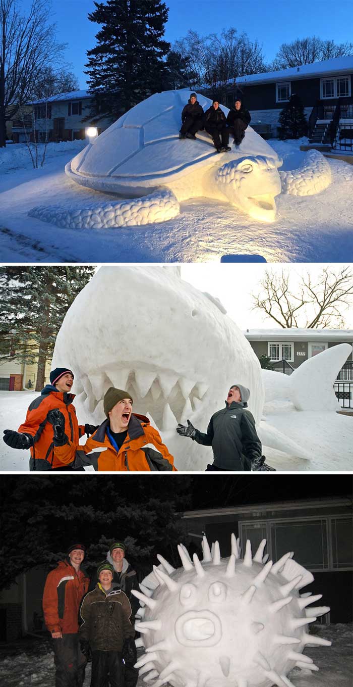 Cada año, estos 3 hermanos hacen una escultura de nieve gigante en su patio delantero