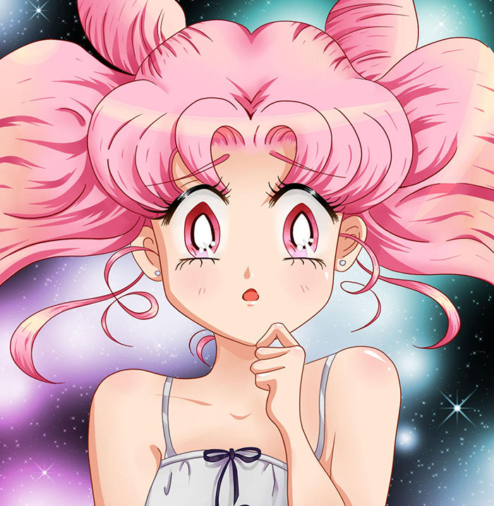 Cute animated character with wide eyes and pink hair in a space-themed background.