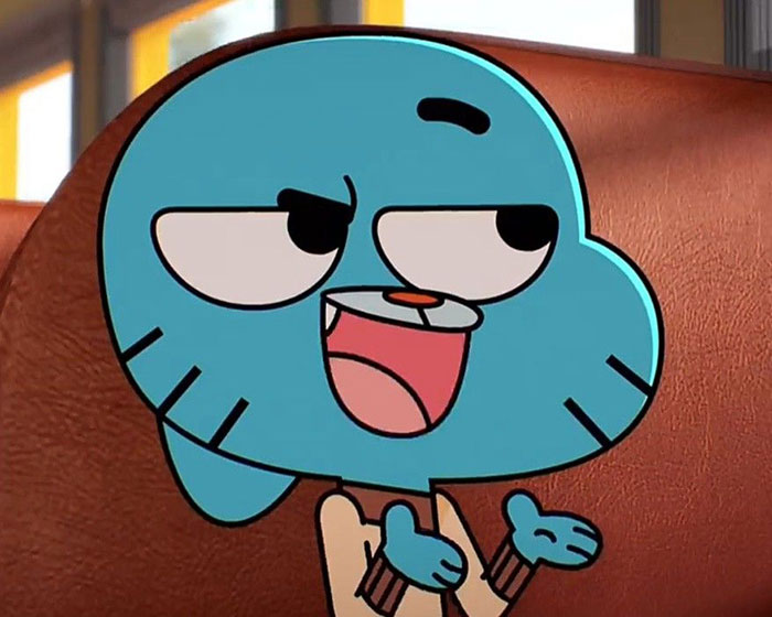 Cute animated character with a mischievous expression, blue fur, and big eyes, sitting on a brown bus seat.
