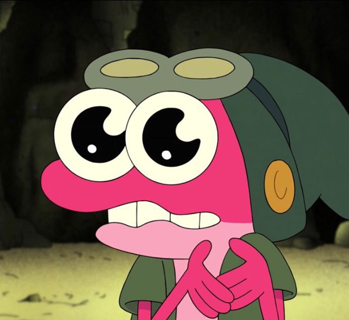 Cute animated character with large eyes and a worried expression, wearing a hat and goggles.