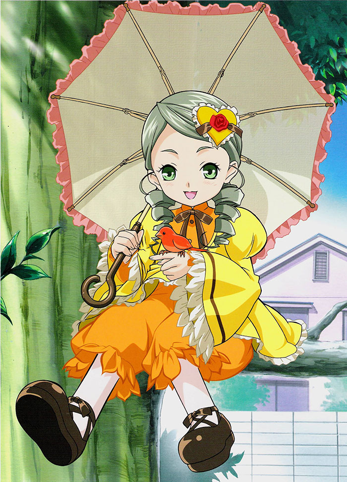 Cute animated character with gray braids and a yellow dress, holding a bird and umbrella, sitting on a tree branch.