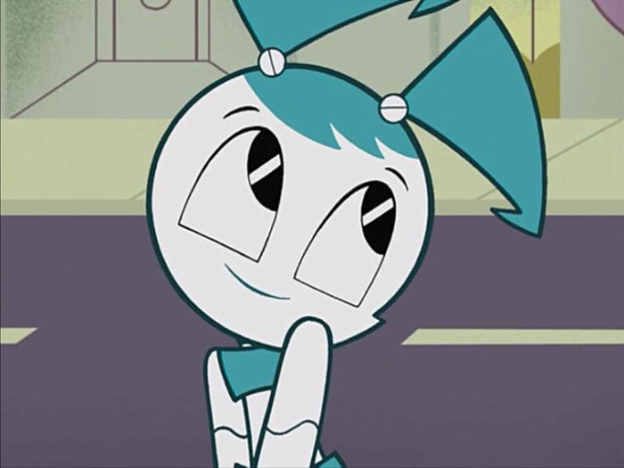 Cute animated character with teal hair and expressive eyes, looking shy on a cartoon street.