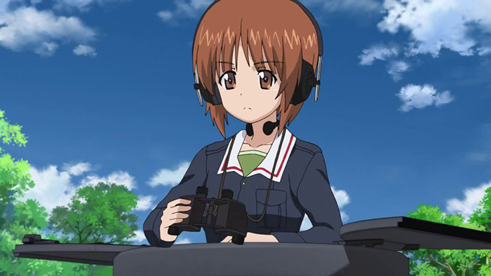 Cute animated character wearing a headset and uniform, sitting outdoors under a blue sky.