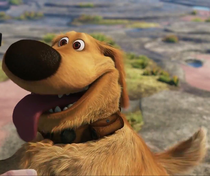 Cute animated character, a joyful dog with a big nose and wagging tail, outside on a sunny day.