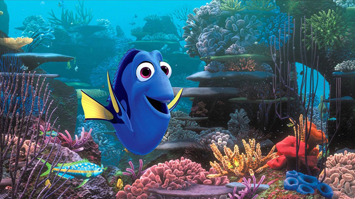 Cute animated character, a blue fish with big eyes, swimming joyfully in a colorful coral reef.