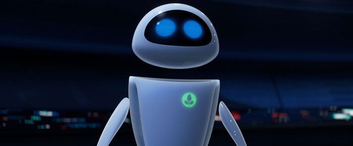A cute animated robot character with a glowing emblem and blue eyes, set against a dark background.