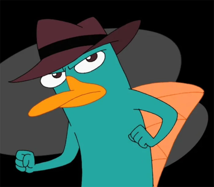 Cute animated character with a teal body and brown hat in a determined pose.